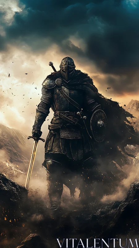 Armored medieval knight with longsword on volcanic battlefield