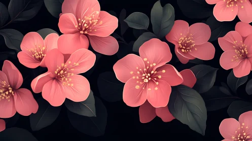 Coral pink flowers with yellow stamens on dark foliage
