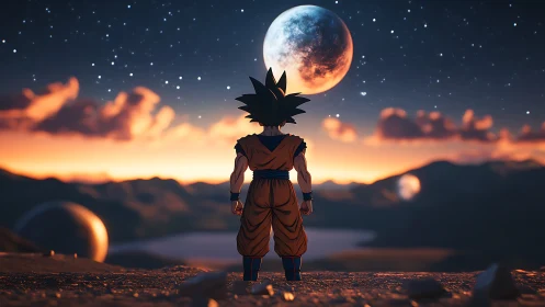 Solitary anime warrior on alien plateau at dusk under moon.