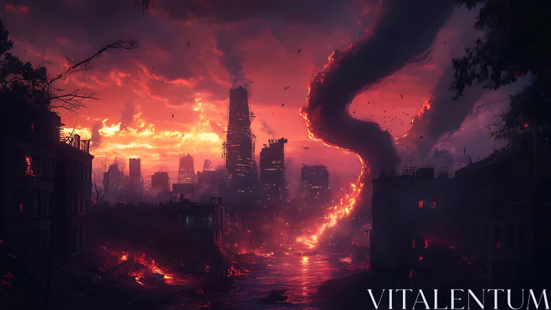 Fiery tornado tears through apocalyptic burning cityscape.
