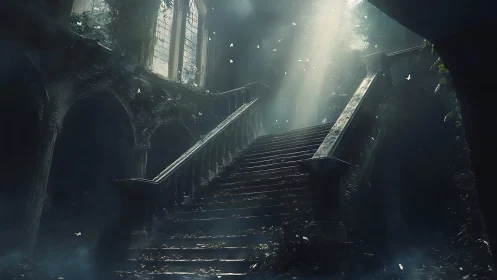 Sunlit forgotten staircase inviting quiet, dreamy wonder.