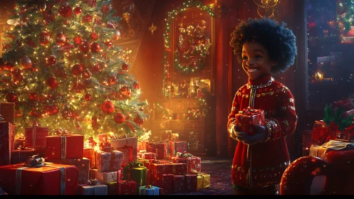 Smiling child holds Christmas gift beside glowing tree
