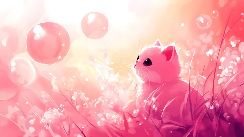 Pink Cat Contemplating Floating Bubbles Among Flowers.