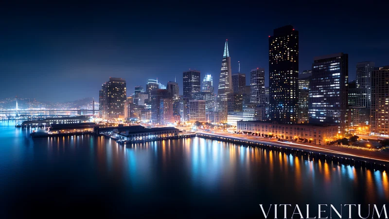 Illuminated waterfront skyline at night with tall towers.