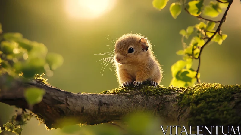 Backlit dormouse perched on mossy branch in golden bokeh forest