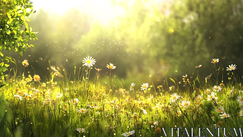 Sunlit wildflower meadow glows under warm spring light.