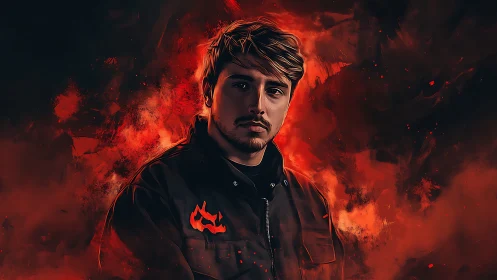 Moody digital portrait of man in fiery red background.