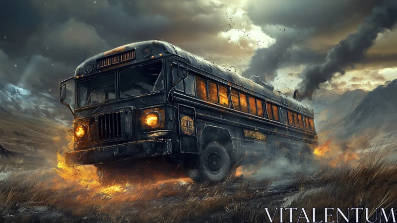 Post‑apocalyptic bus accelerates through burning tundra landscape