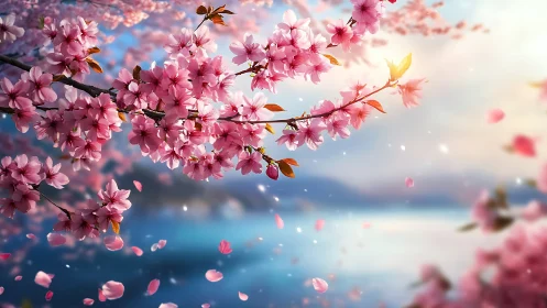 Cherry Blossoms Over Misty Water at Sunrise