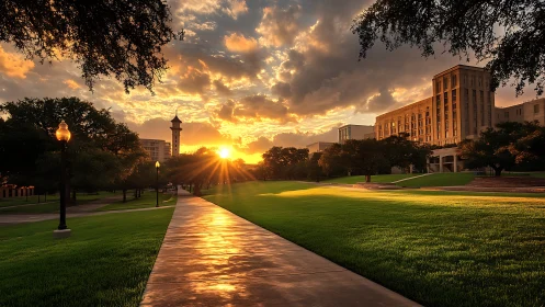 Sunlit campus walkway glows warmly under a golden sunset sky