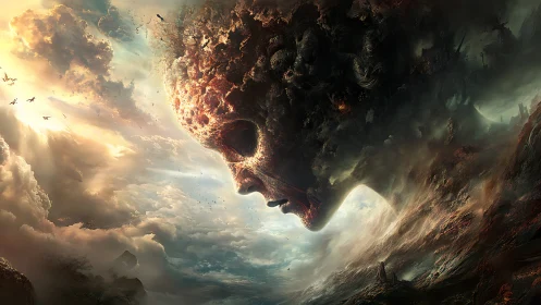 Colossal crumbling skull horizon merging with storm clouds.