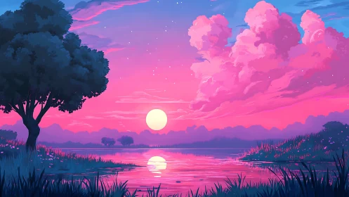 Dreamy pink sunset settles softly over a tranquil riverside