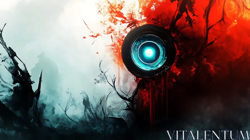 Cyan tech eye divides cold blue and burning red chaos.