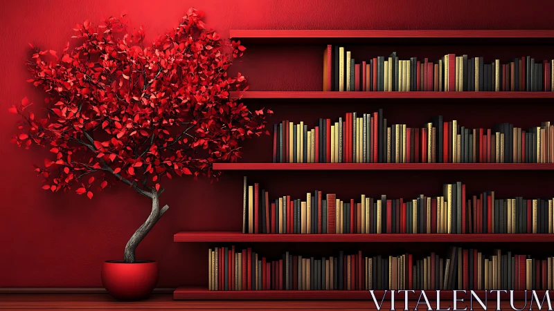 Red bonsai and bold bookshelf create dramatic reading corner