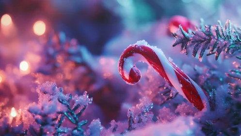 Candy cane nestled in glowing frosted Christmas branches.