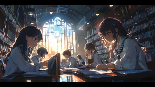 Study group in sunlit library with cinematic anime lighting.