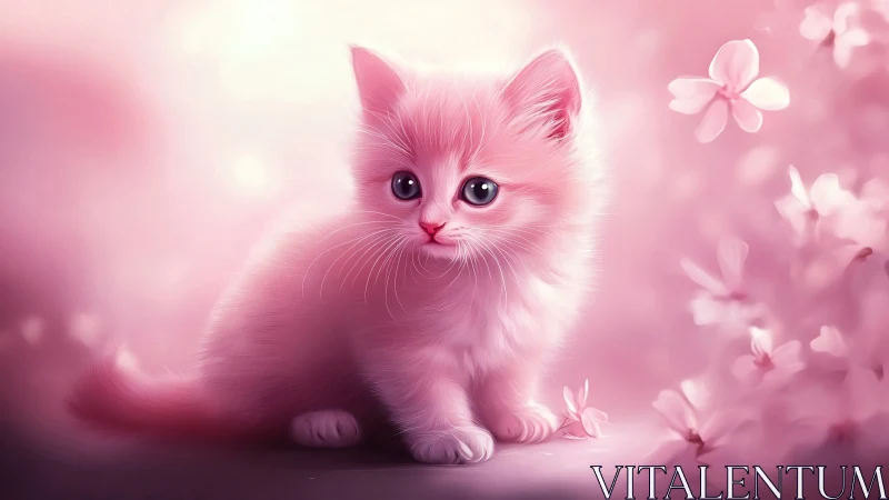Pink Kitten in Floral Dreamscape: Digital 3D Rendering.