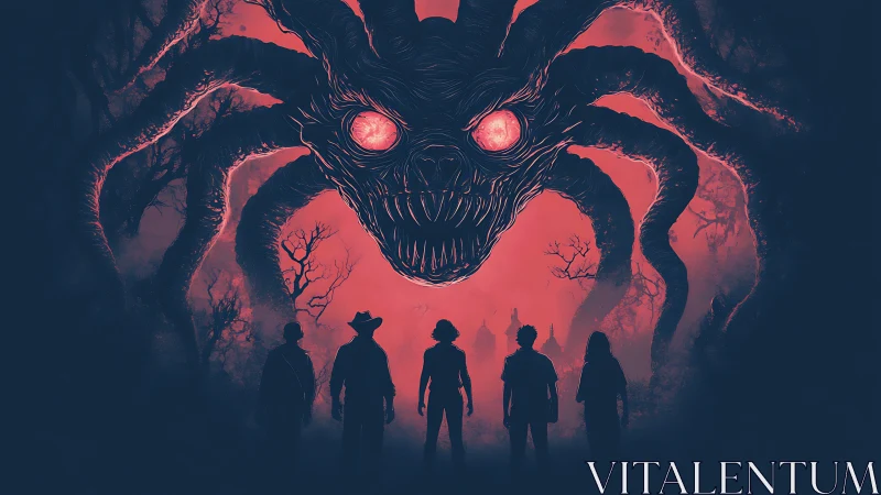 Silhouetted group faces giant tentacled monster in forest