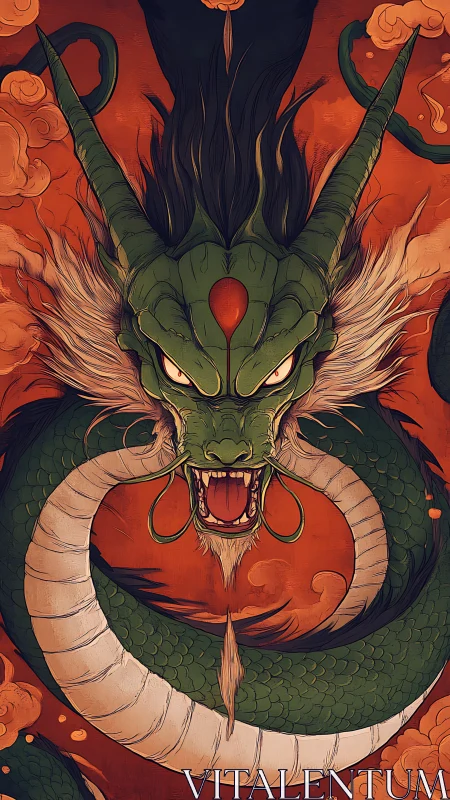 Majestic emerald dragon swirling through fiery orange clouds.