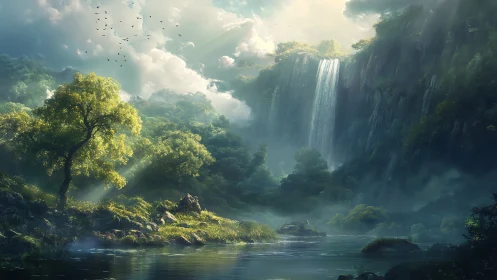Lush forest valley with tall waterfall and misty light.