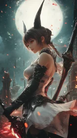 Horned battle maiden in ornate armor under colossal moon