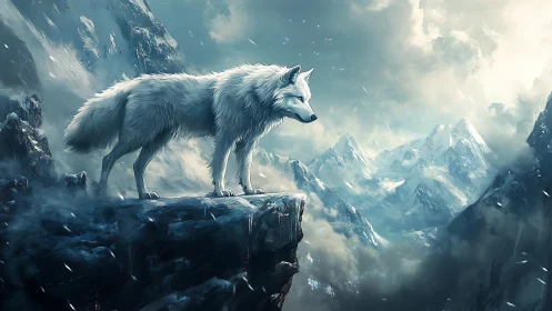 White wolf overlooking glacial mountain valley in stormlight.