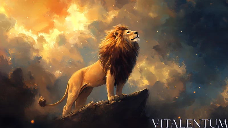 Digital painting depicts lion standing on elevated rocky ledge