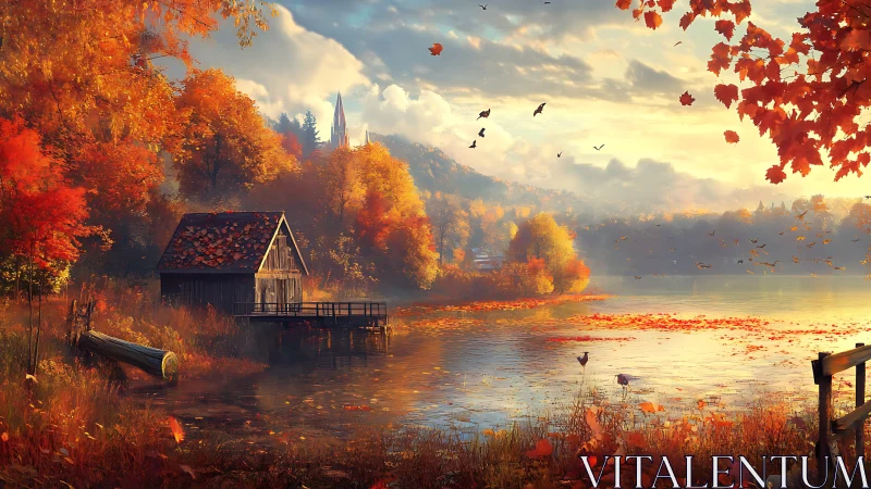 Autumnal lakeside cabin under stratified golden illumination.