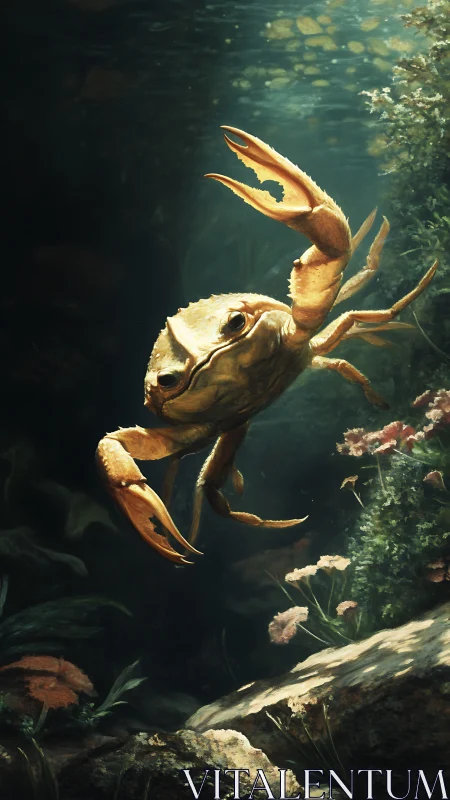 Photorealistic crab study in dappled aquatic light composition.