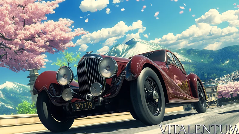 Crimson vintage roadster gliding under sakura skies in spring.