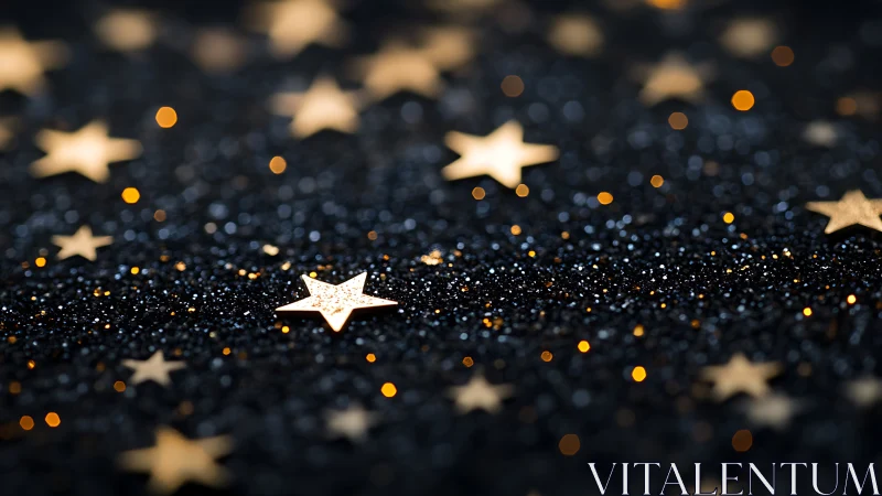 Photorealistic glitter field with shallow-focus golden stars.