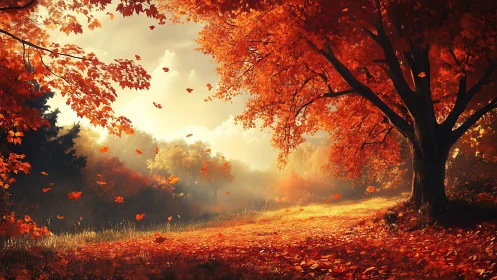 Backlit autumn woodland path under dense scarlet maple canopy