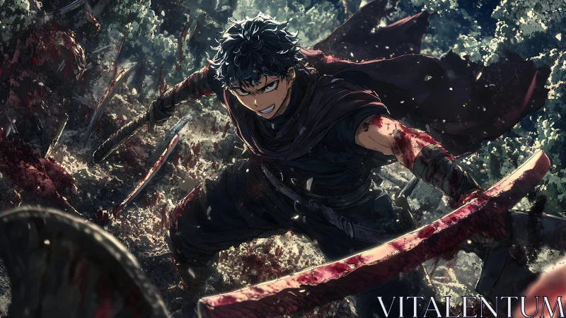 Armored swordsman advancing through forest battlefield scene.