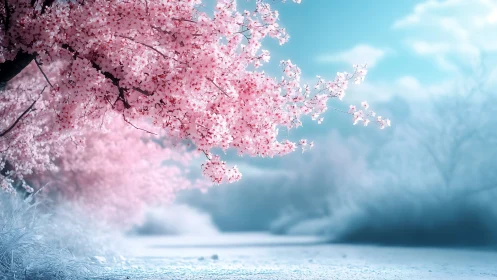 Soft cherry blossoms glow above a tranquil pastel riverside
