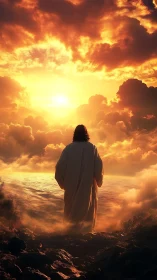 Radiant robed figure overlooks blazing celestial horizon.