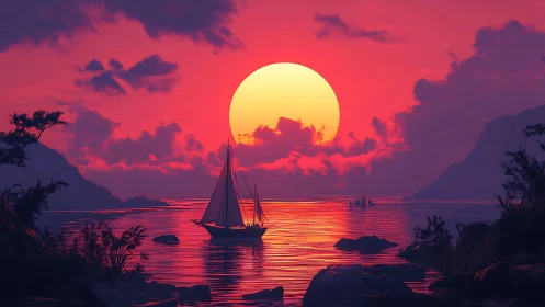 Vivid digital seascape with sailboat against large sunset.