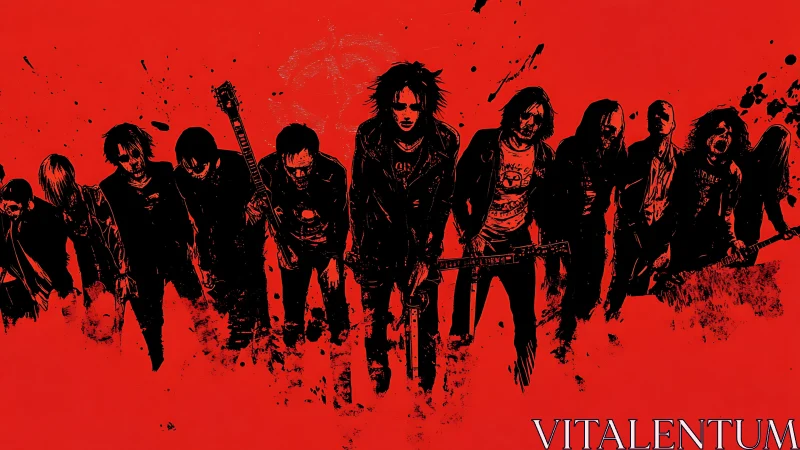 Rebellious rock band stands united in stark red chaos background