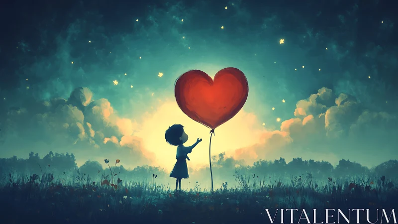 Silhouetted Child Holding Heart-Shaped Balloon in Celestial Meadow.