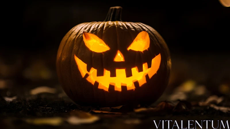 Photorealistic jack-o’-lantern with dramatic low-key lighting.
