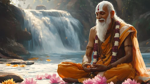 Meditative sage by cascading waterfall in luminous lotus grove.