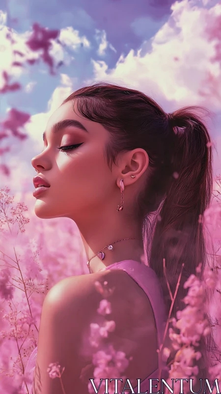 Dreamy side-profile portrait amid ethereal pink flowers.