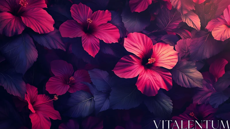 Hibiscus flowers rendered with neon pink luminescence and deep purple foliage