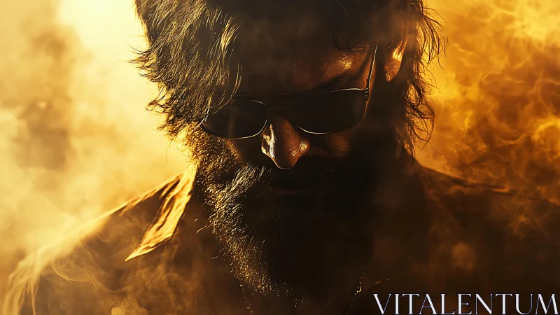 Bearded man with sunglasses stands in dense golden smoke