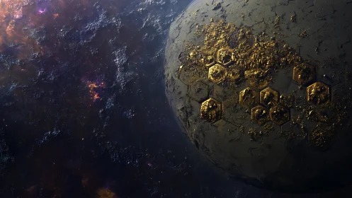 Gilded hexagonal megastructures encrust silent dark planet