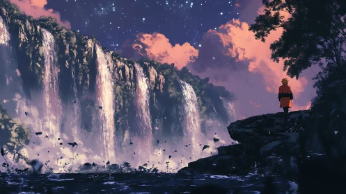 Solitary figure overlooking glowing waterfalls at dusk