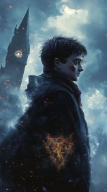 Teen figure in cloak near clock tower under stormy sky.