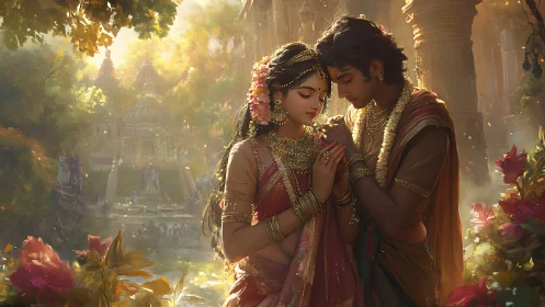 Indian couple stands embracing in ornate temple garden