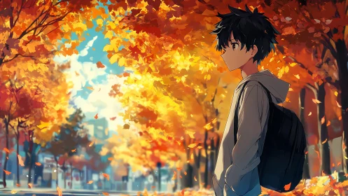Anime autumn street scene with contemplative student profile.