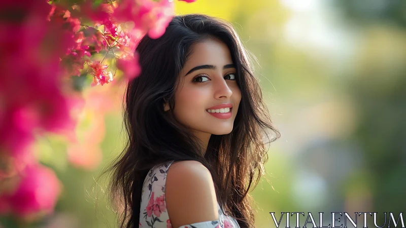 Sunlit portrait beside blooming pink garden flowers.