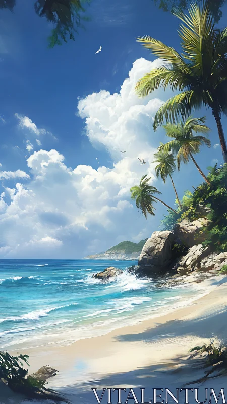 Tropical Beach with Palm Trees and Turquoise Waters.